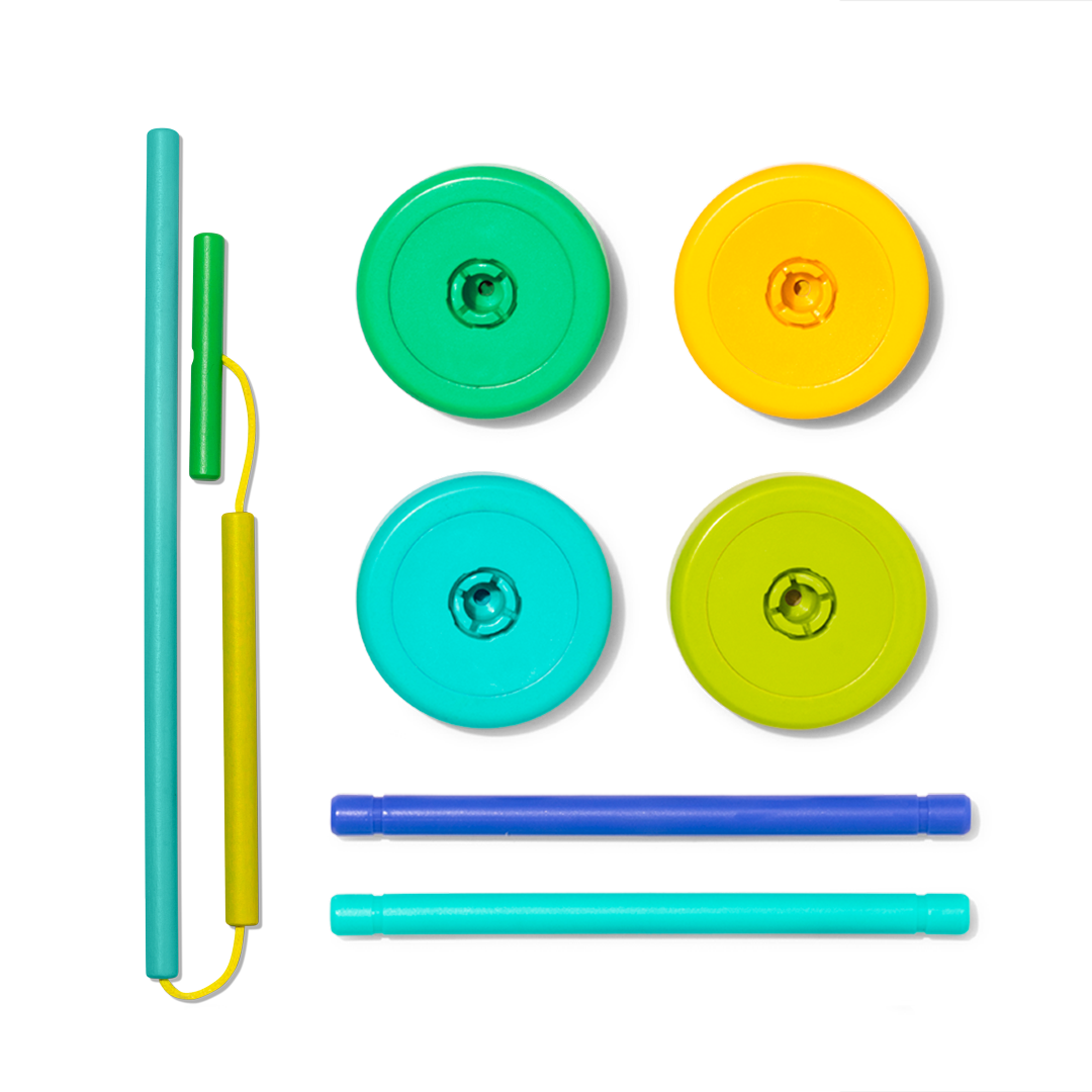 four wheel shaped blocks and three sticks