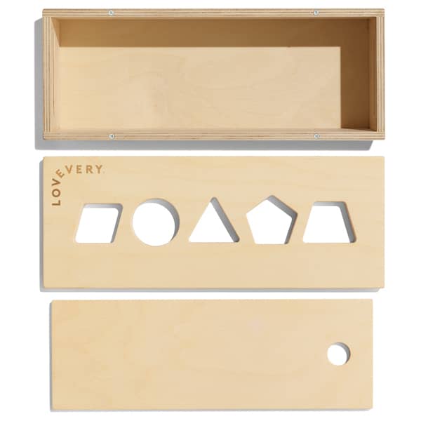 rectangle box three pieces: bottom, solid lid and shape sorting lid with shapes cut out